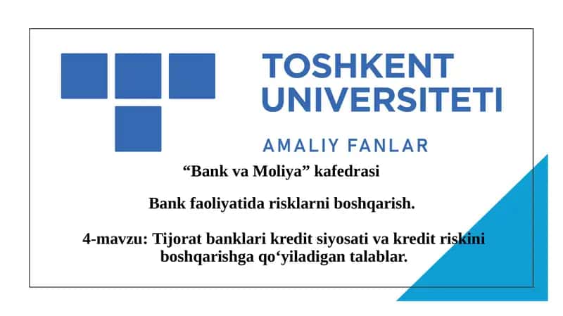 Tijorat banklari kredit siyosati va kredit riskini boshqarishga qo‘yiladigan talablar. 1