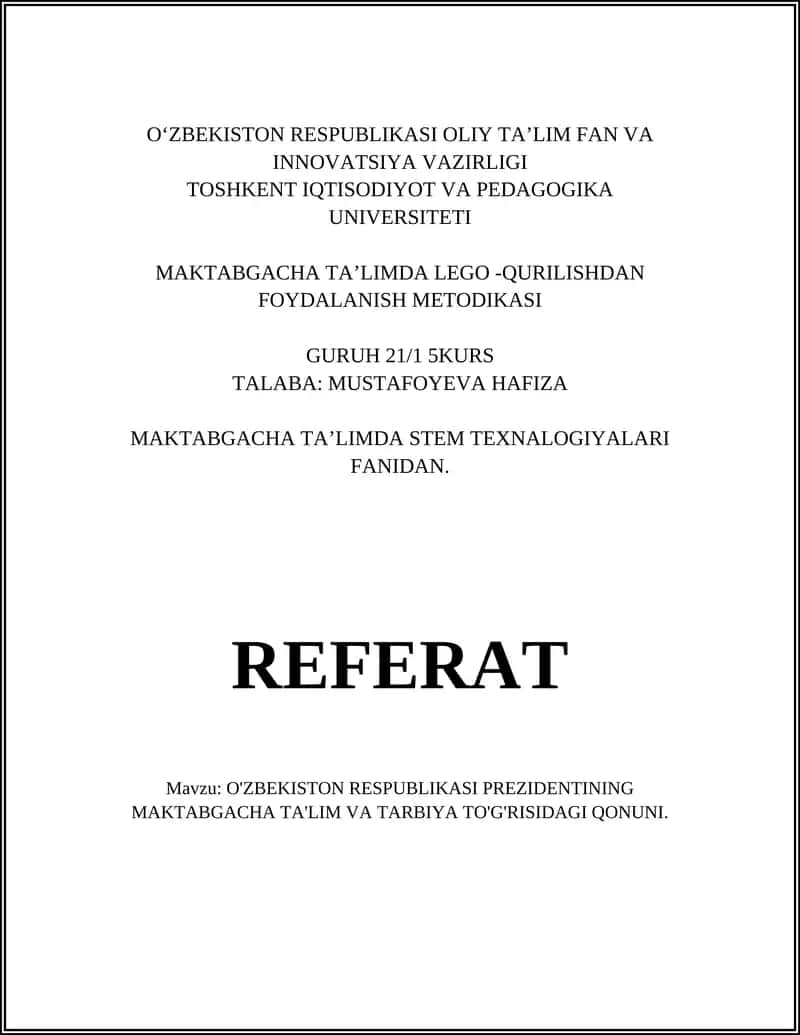 O'ZBEKISTON RESPUBLIKASI PREZIDENTINING MAKTABGACHA TA'LIM VA TARBIYA TO'G'RISIDAGI QONUNI 1