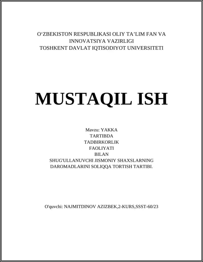 Yakka tartibda tadbirkorlik faoliyatining soliqqa tortish asoslari 1