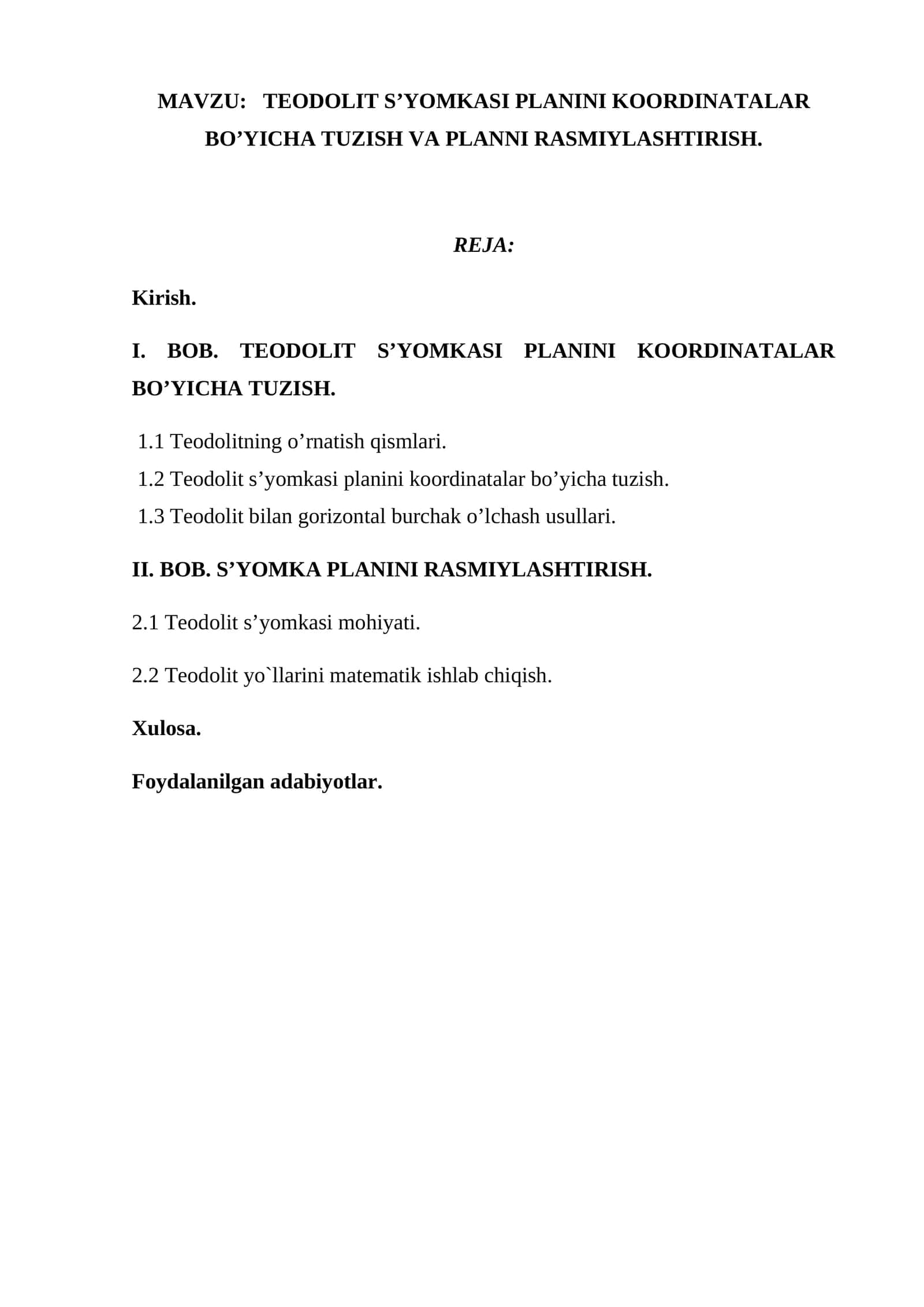 TEODOLIT S’YOMKASI PLANINI KOORDINATALAR BO’YICHA TUZISH VA PLANNI RASMIYLASHTIRISH 1