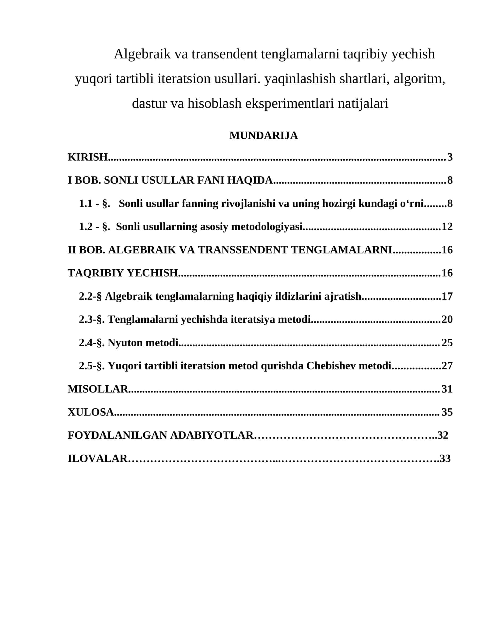 Algebraik va transendent tenglamalarni taqribiy yechish yuqori tartibli iteratsion usullari 1