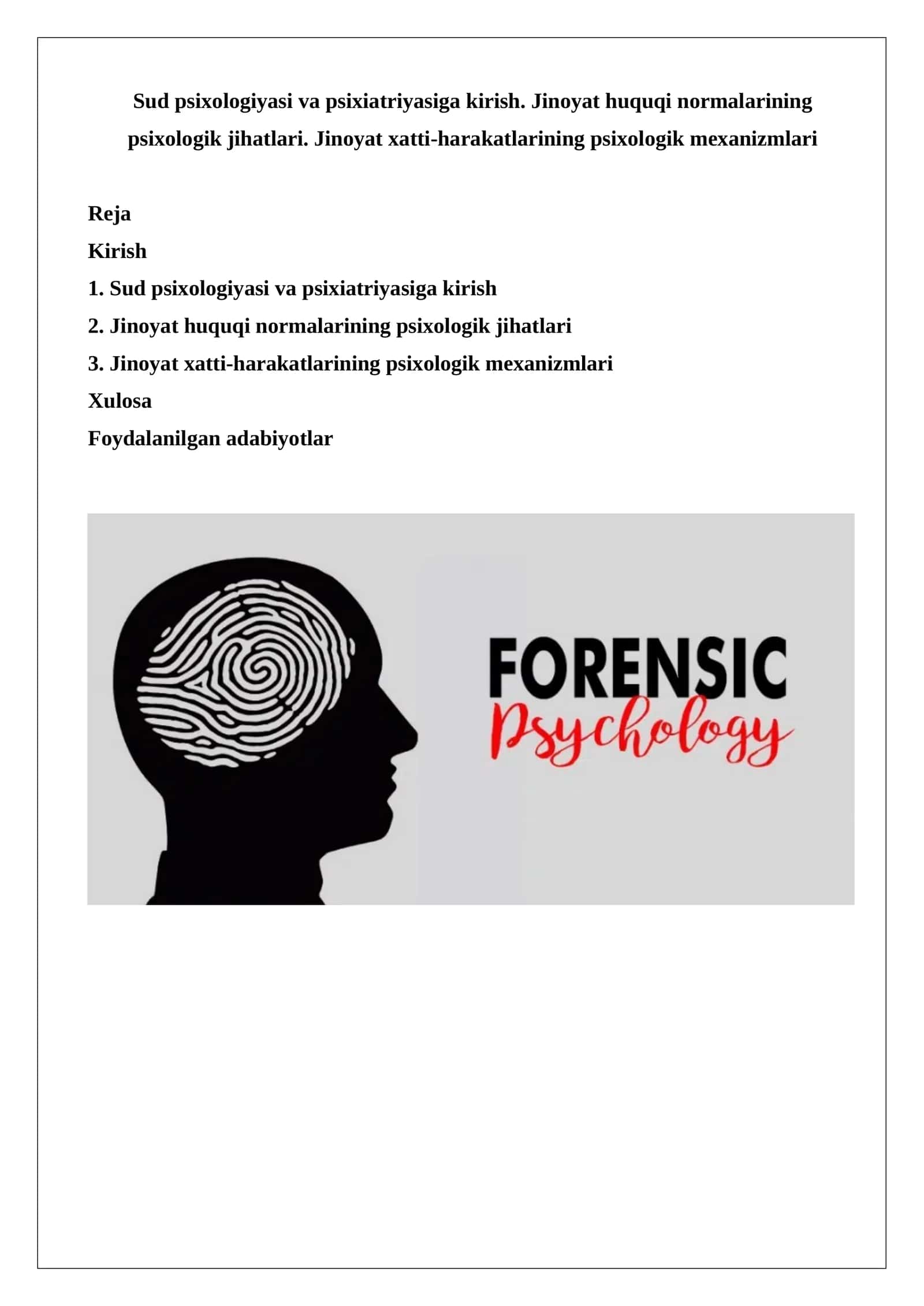 Sud psixologiyasi va psixiatriyasiga kirish. Jinoyat huquqi normalarining psixologik jih 1