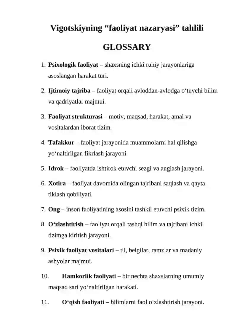 Vigotskiyning “faoliyat nazaryasi” tahlili