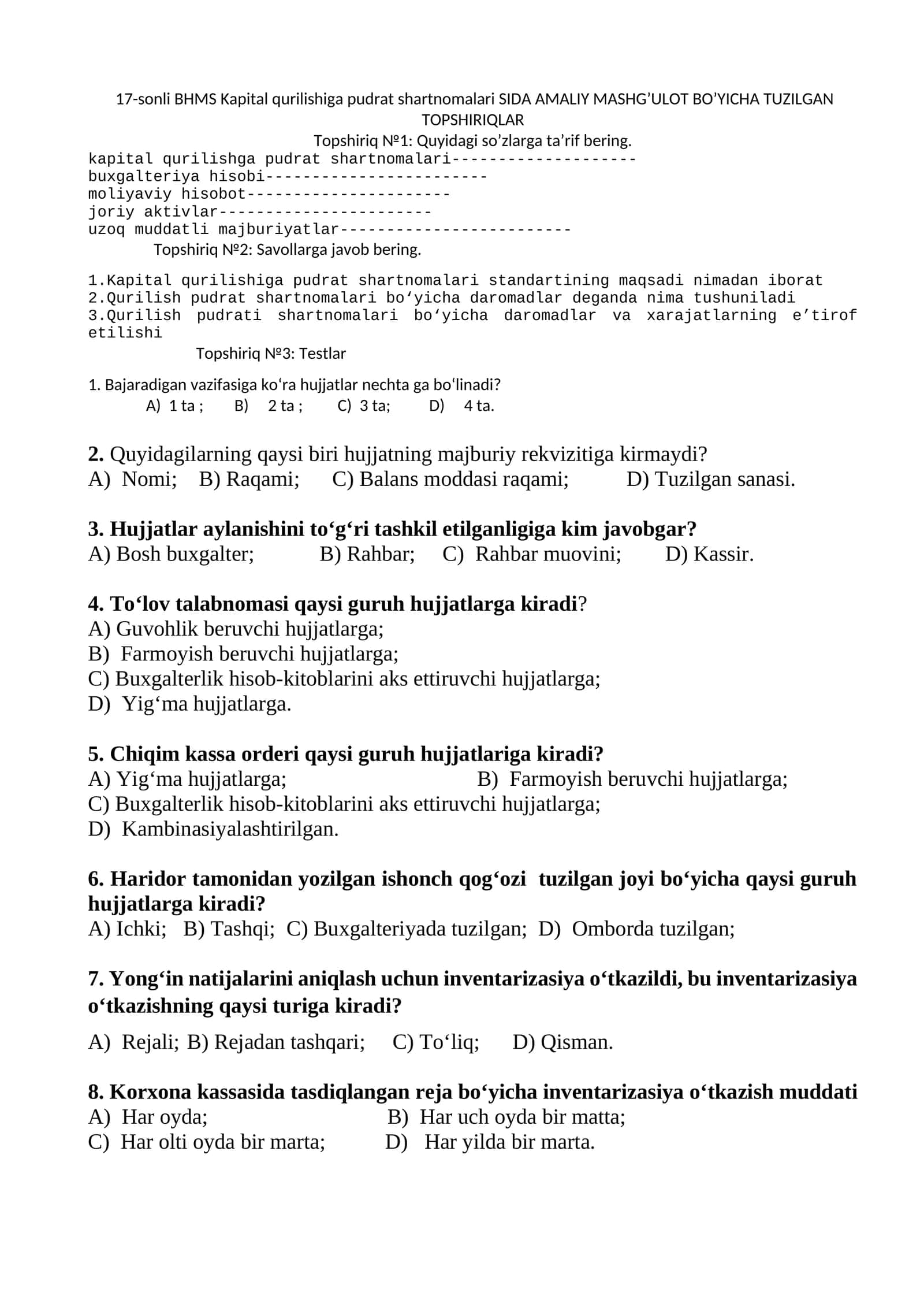 17-sonli BHMS Kapital qurilishiga pudrat shartnomalari SIDA AMALIY MASHG’ULOT BO’YICHA TUZILGAN TOPSHIRIQLAR 1