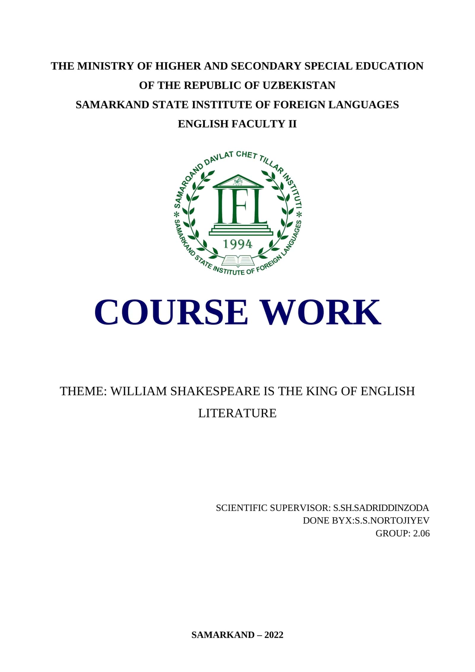 WILLIAM SHAKESPEARE IS THE KING OF ENGLISH LITERATURE 1