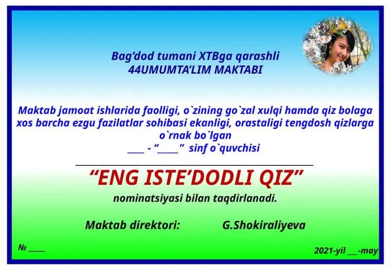 Faxriy yorliqlar va tashakkurnomalar shabloni 1