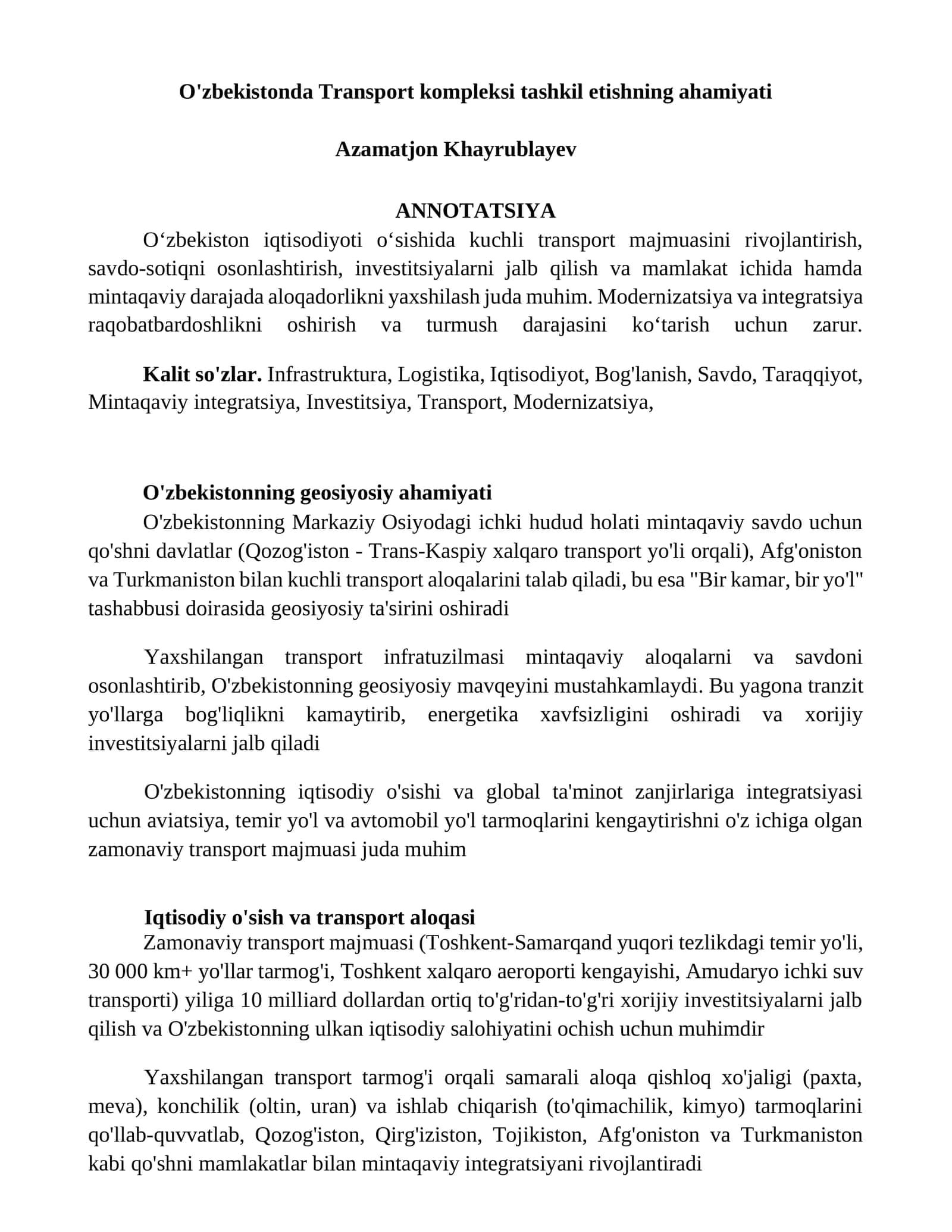 Oʻzbekistonda Transport kompleksi tashkil etishning ahamiyati 1