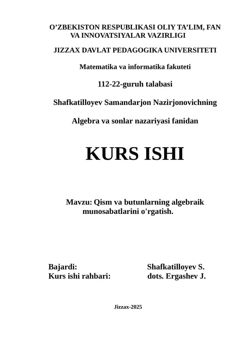 Kurs ishi Algebra va Sonlar nazariyasi 1