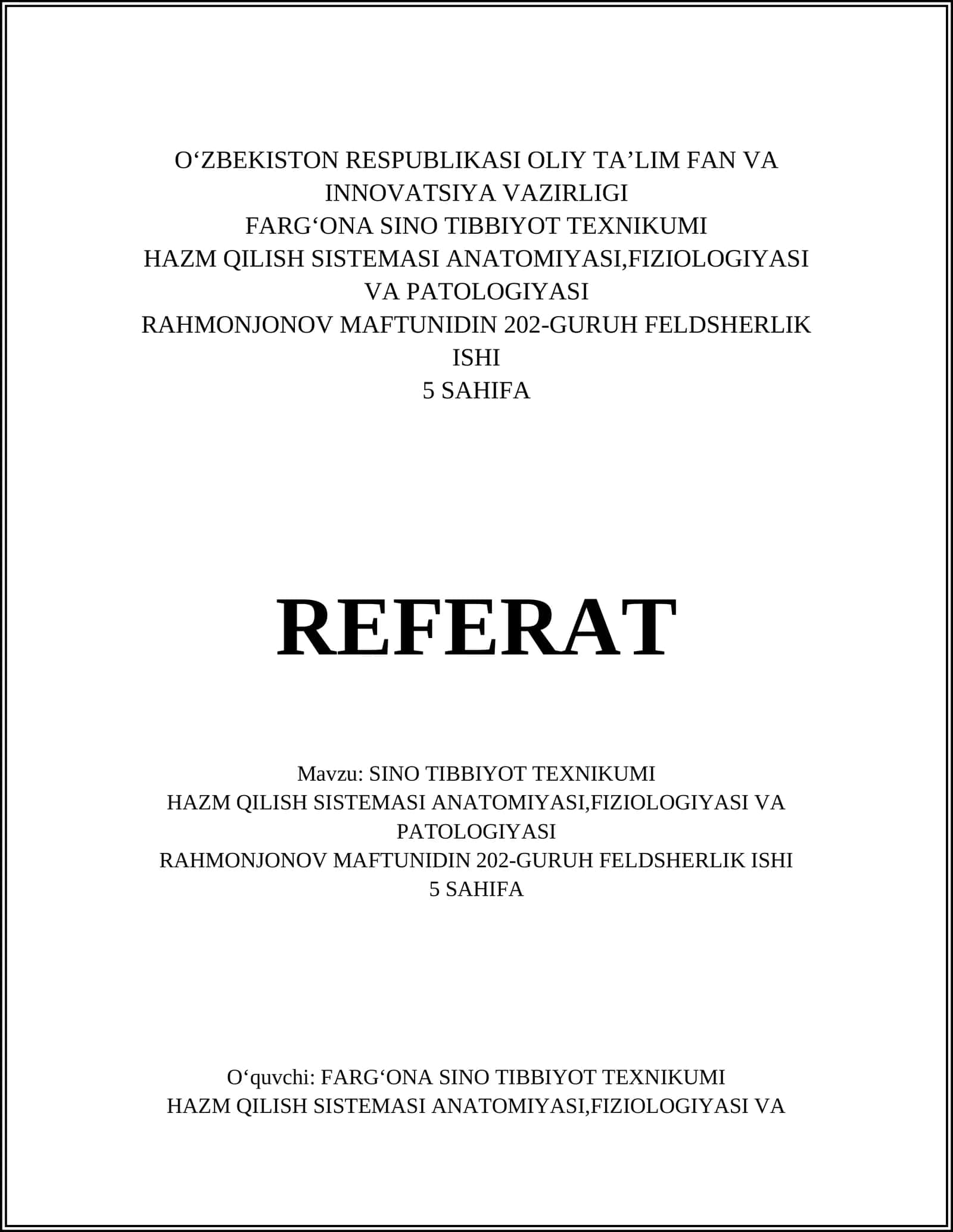 HAZM QILISH SISTEMASI ANATOMIYASI,FIZIOLOGIYASI VA PATOLOGIYASI 1