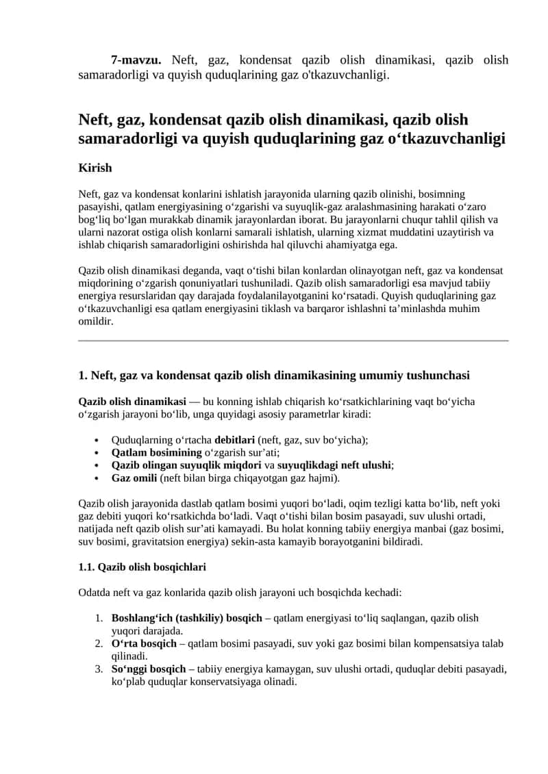 Neft, gaz, kondensat qazib olish dinamikasi 1