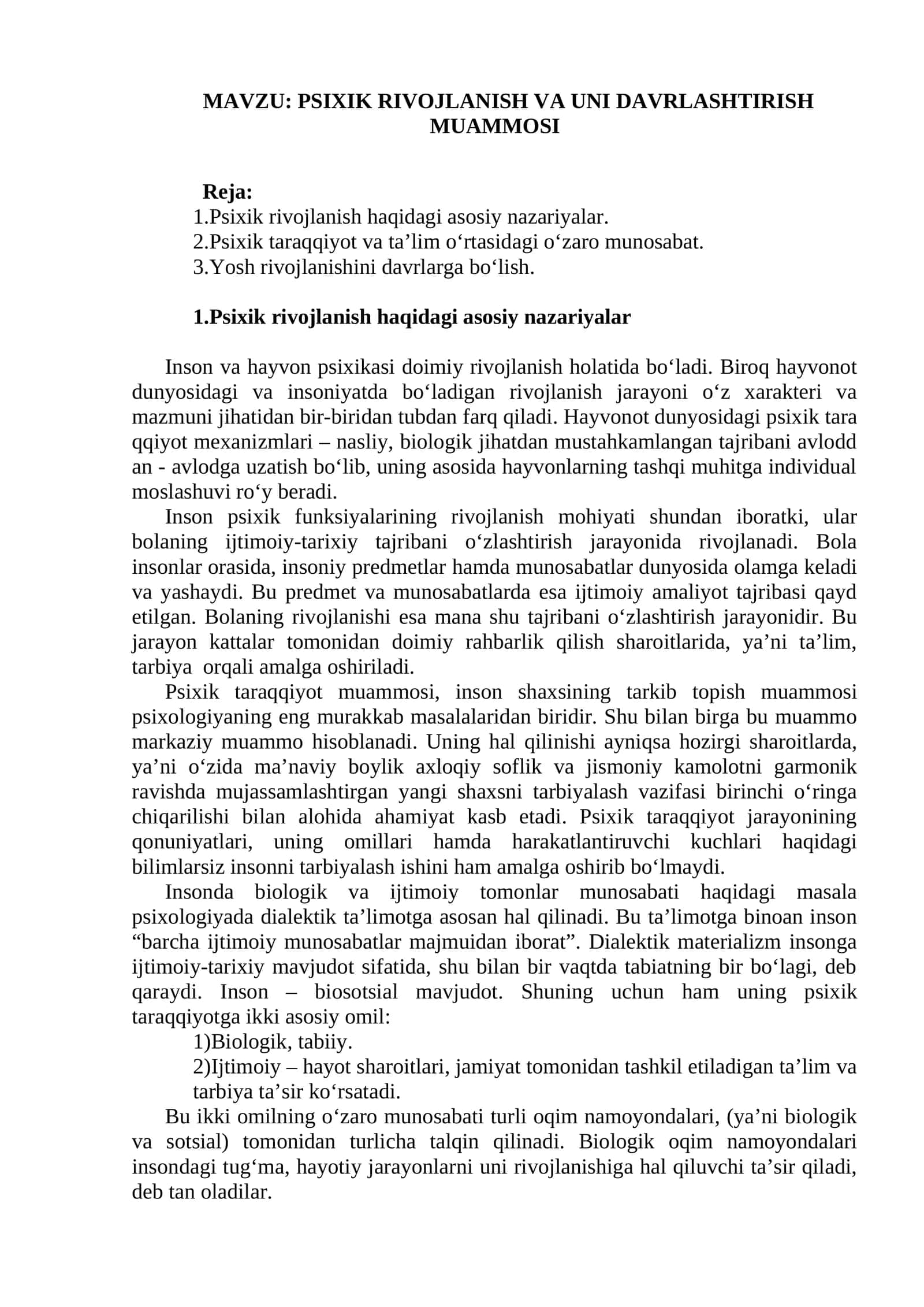 Psixik rivojlanish va uni davrlashtirish muammosi 1