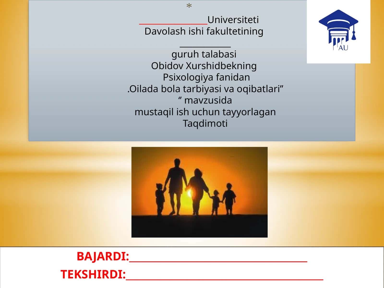 Universiteti Davolashishi fakulteti guruhi talabasi Obidov Xurshidbekning Psixologiya fanidan 1