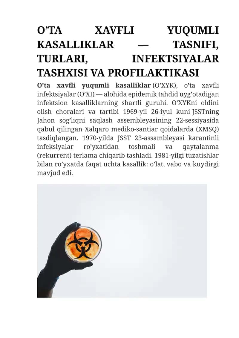 O’TA XAVFLI YUQUMLI KASALLIKLAR — TASNIFI, TURLARI, INFEKTSIYALAR TASHXISI VA PROFILAKTIKASI 1