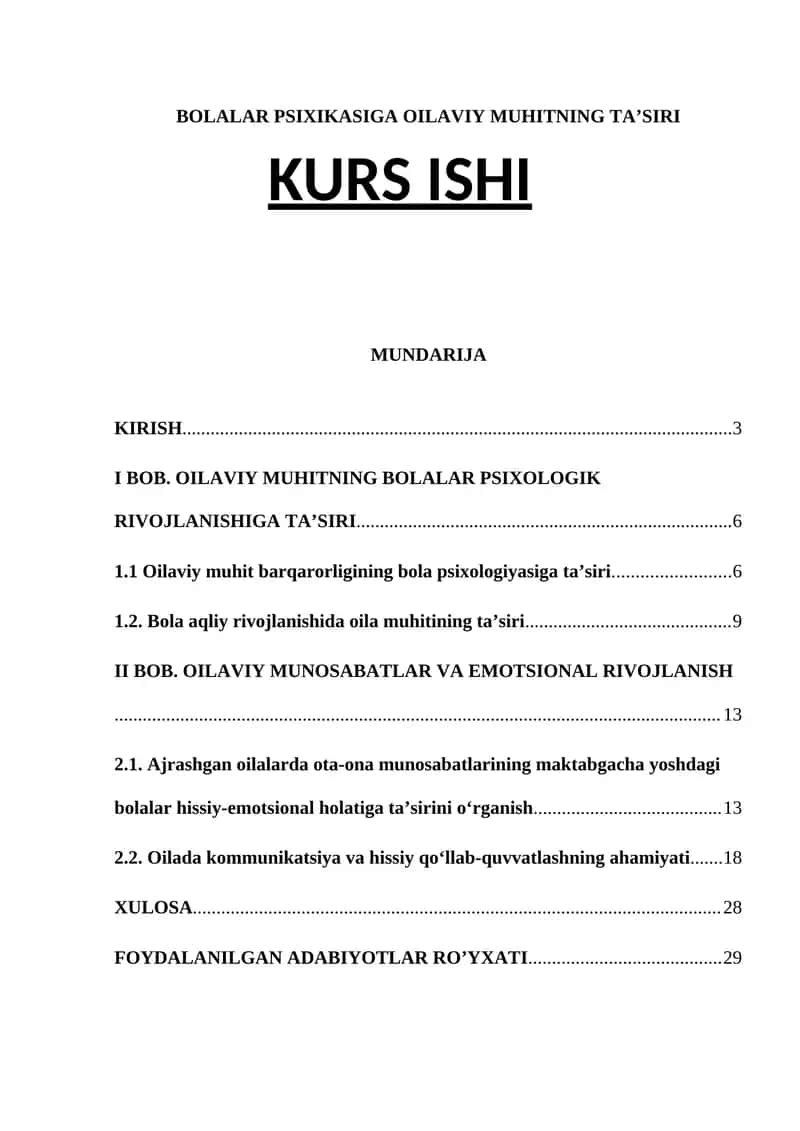 BOLALAR PSIXIKASIGA OILAVIY MUHITNING TA’SIRI KURS ISHI 1