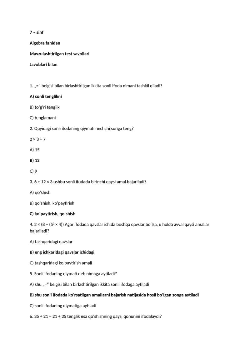 7 – sinf. Algebra fanidan Mavzulashtirilgan test savollari 1