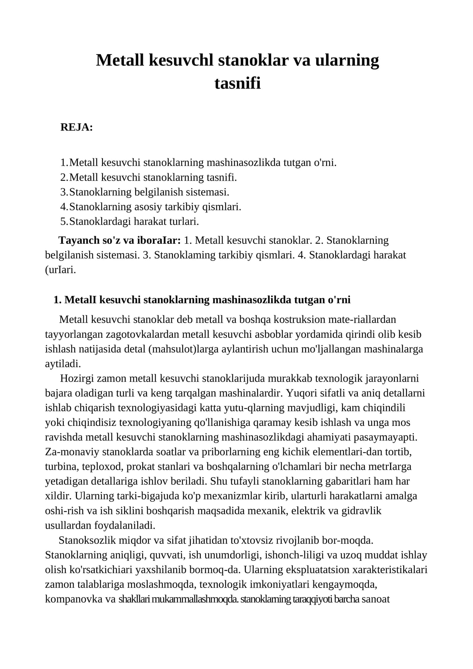 Metall kesuvchl stanoklar va ularning tasnifi 1