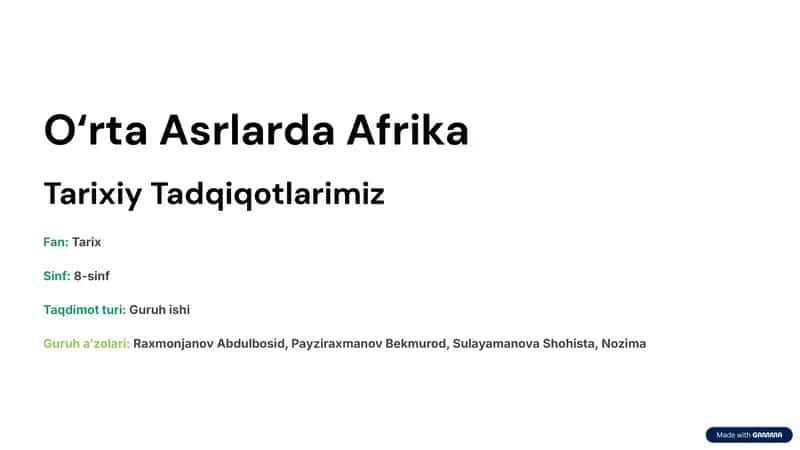 8-sinf Jahon tarixi: Afrika mavzusida tayyor va sifatli slayd 1