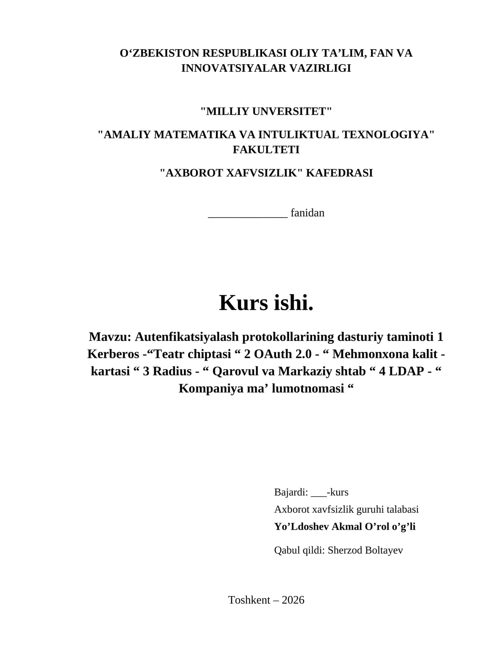 Autenfikatsiyalash protokollarining dasturiy taminoti 1 Kerberos -“Teatr chiptasi “ 2 OAuth 2.0 - “ Mehmonxona kalit - kartasi “ 3 Radius - “ Qarovul va Markaziy shtab “ 4 LDAP - “ Kompaniya ma’ lumotnomasi “ 1