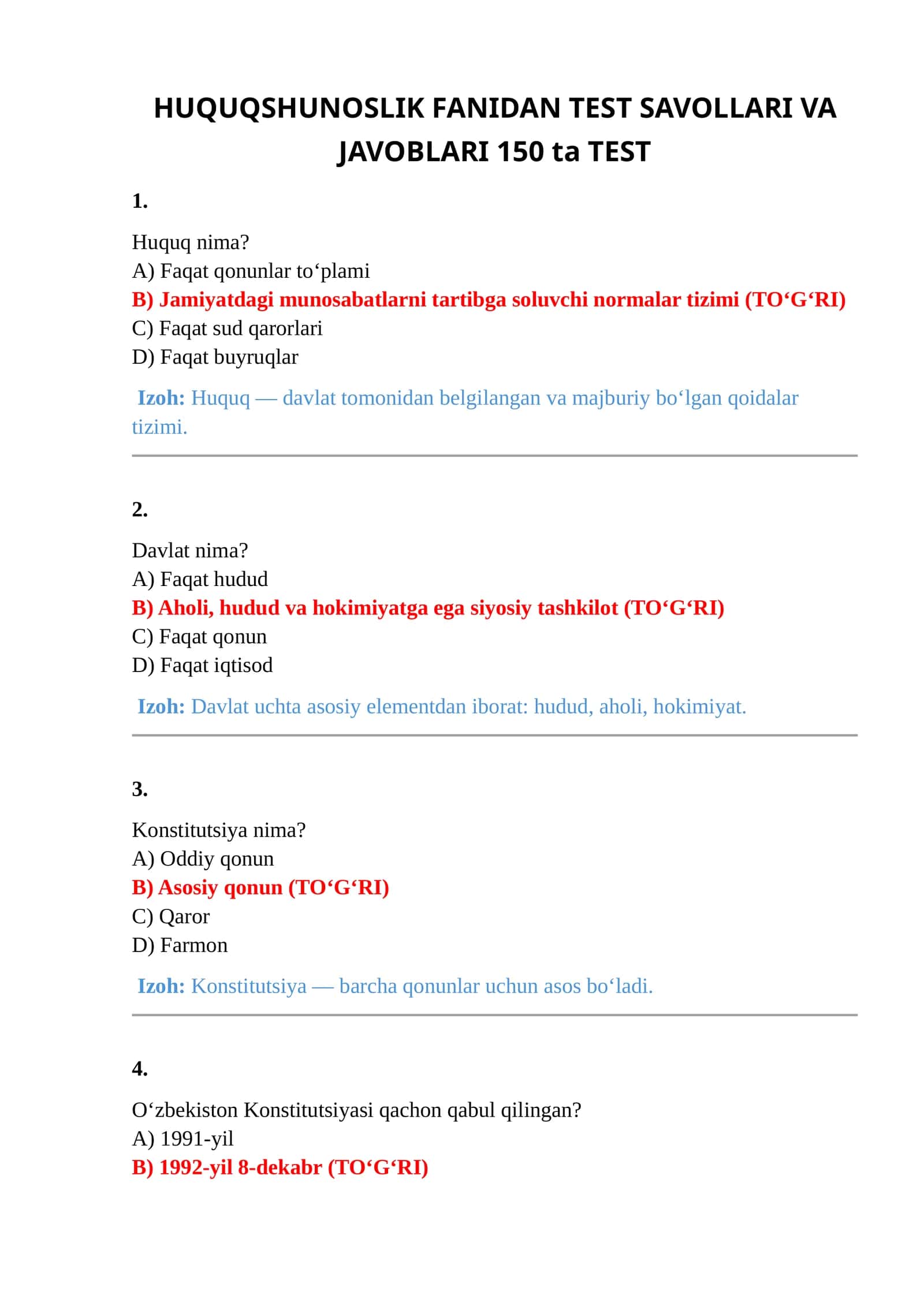 HUQUQSHUNOSLIK FANIDAN TEST SAVOLLARI VA JAVOBLARI 150 ta TEST 1