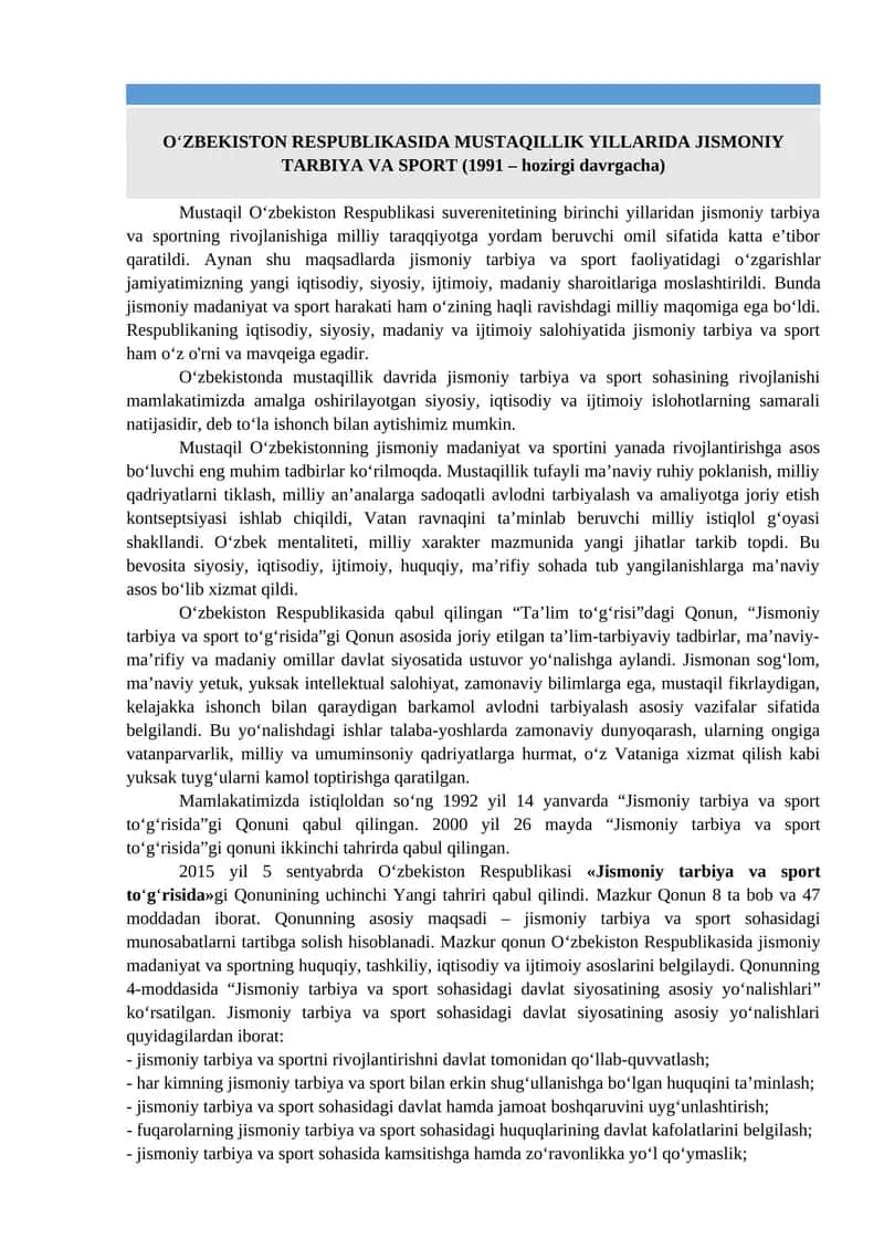 O‘ZBEKISTON RESPUBLIKASIDA MUSTAQILLIK YILLARIDA JISMONIY TARBIYA VA SPORT (1991 – hozirgi davrgacha) 1