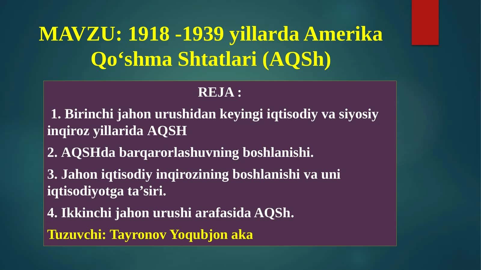 1918 -1939 yillarda Amerika Qo‘shma Shtatlari (AQSh) 1