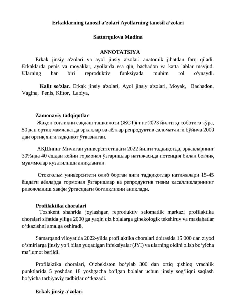 Erkaklarning tanosil a’zolari Ayollarning tanosil a’zolari 1