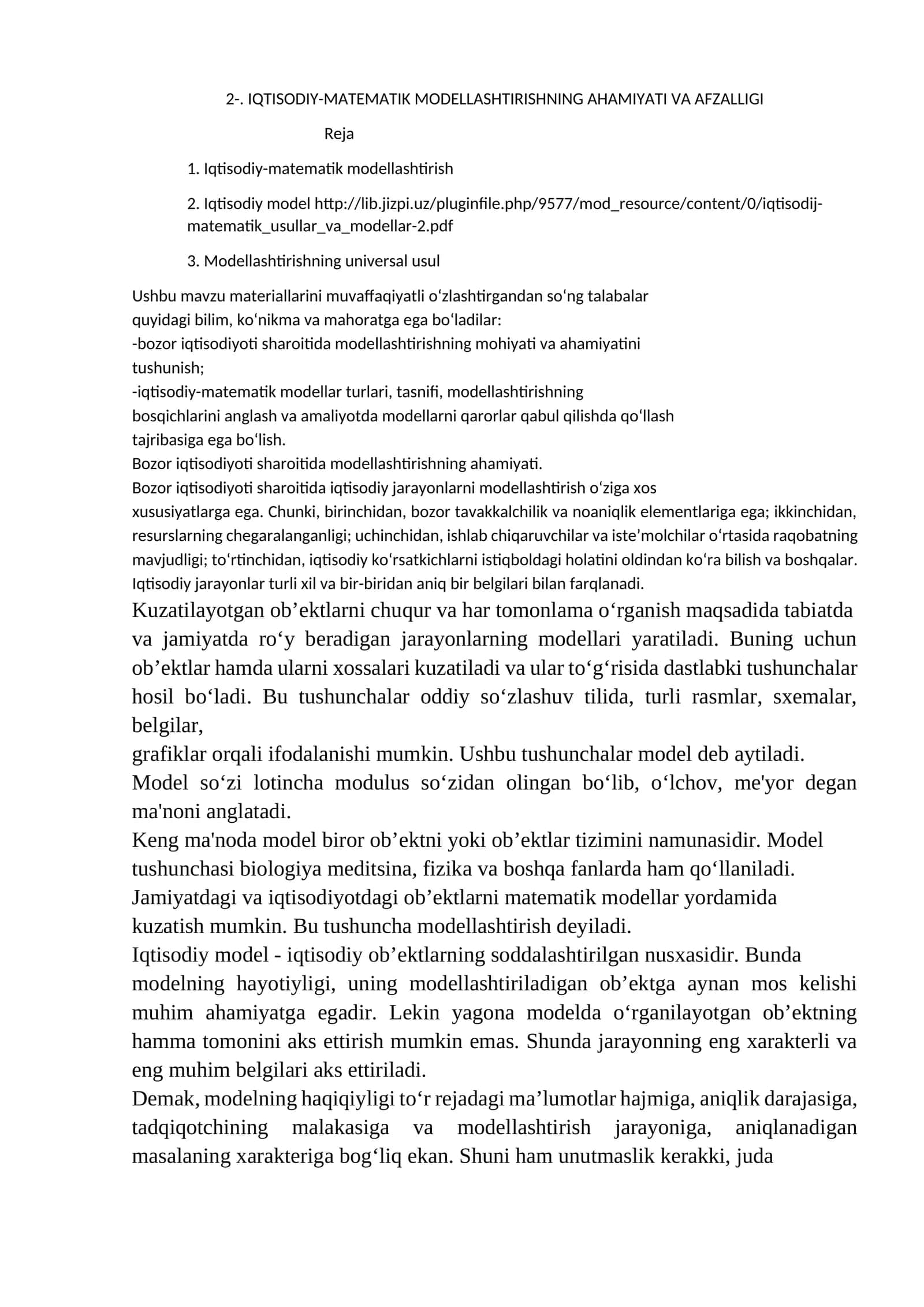 IQTISODIY-MATEMATIK MODELLASHTIRISHNING AHAMIYATI VA AFZALLIGI 1