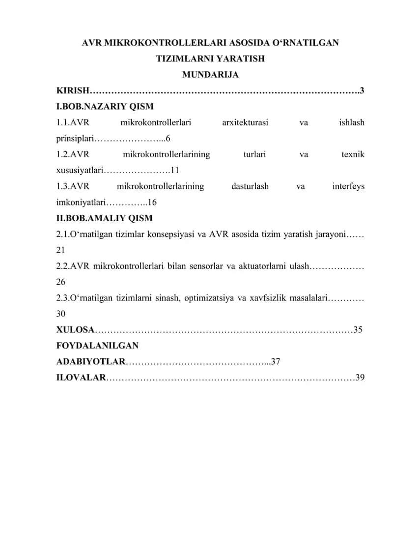 AVR MIKROKONTROLLERLARI ASOSIDA OʻRNATILGAN TIZIMLARNI YARATISH 1