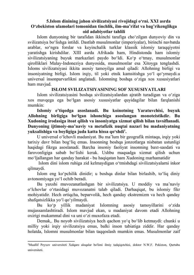 Islom dinining jahon sivilizatsiyasi rivojidagi oʻrni. XXI asrda Oʻzbekiston ulamolari tomonidan tinchlik, ilm-maʼrifat va bagʼrikenglikga oid adabiyotlar tahlili 1