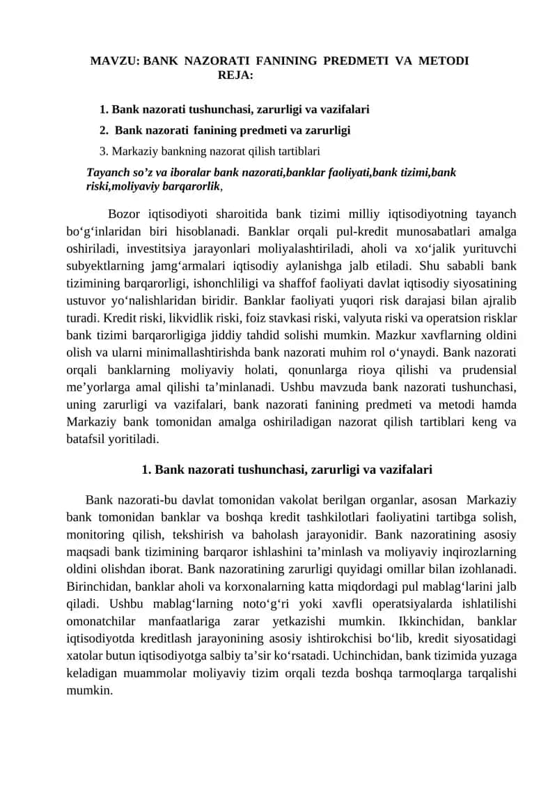 BANK NAZORATI FANINING PREDMETI VA METODI 1