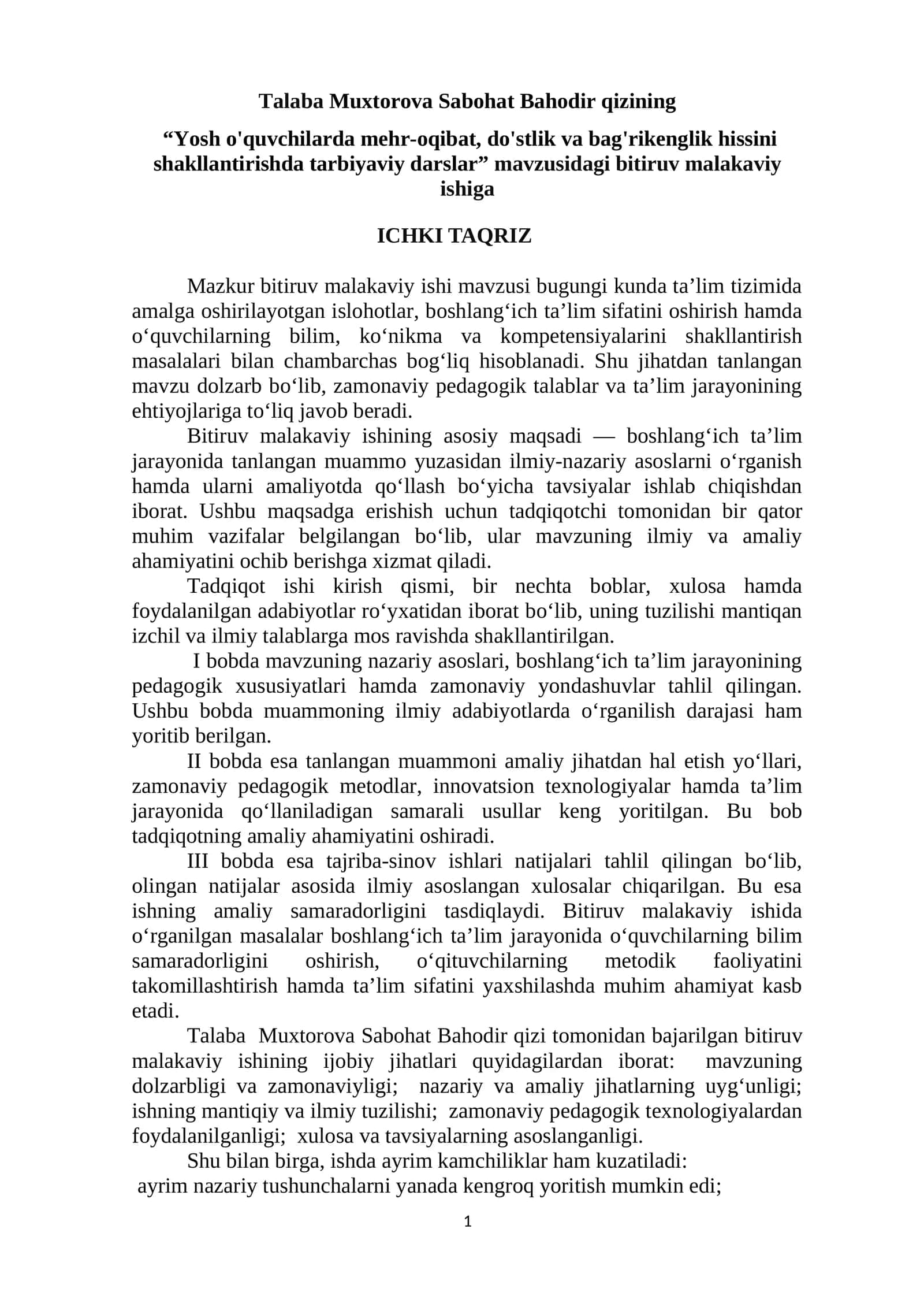 "Yosh o'quvchilarda mehr-oqibat, do'stlik va bag'rikenglik hissini shakllantirishda tarbiyaviy darslar" 1