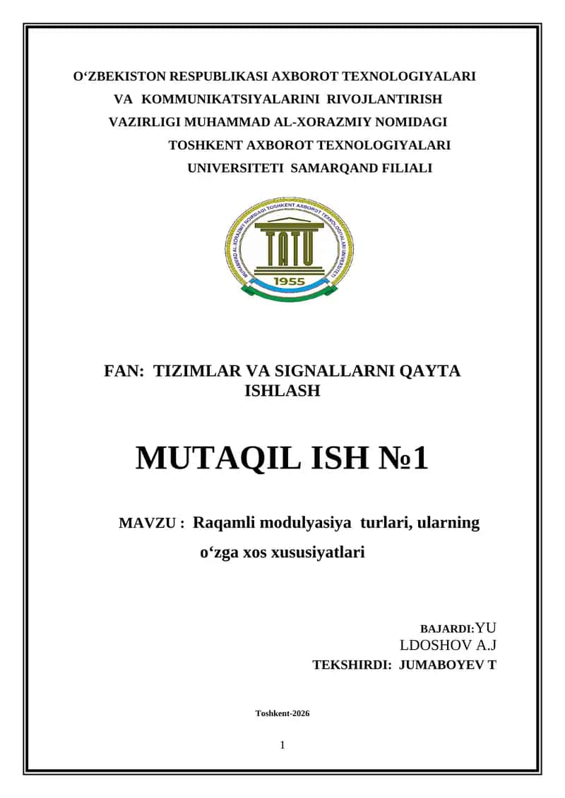Tizimlar va signallarni qayta ishlash fanidan   Raqamli modulyatsiya turlari 1