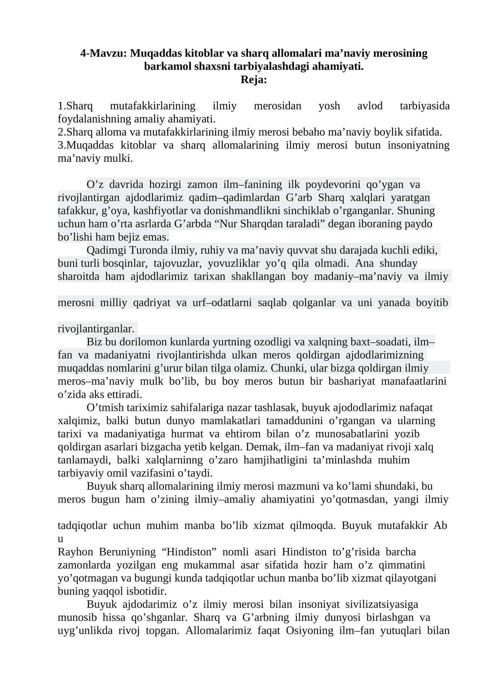 Muqaddas kitoblar va sharq allomalari ma’naviy merosining barkamol shaxsni tarbiyalashdagi ahamiyati 1