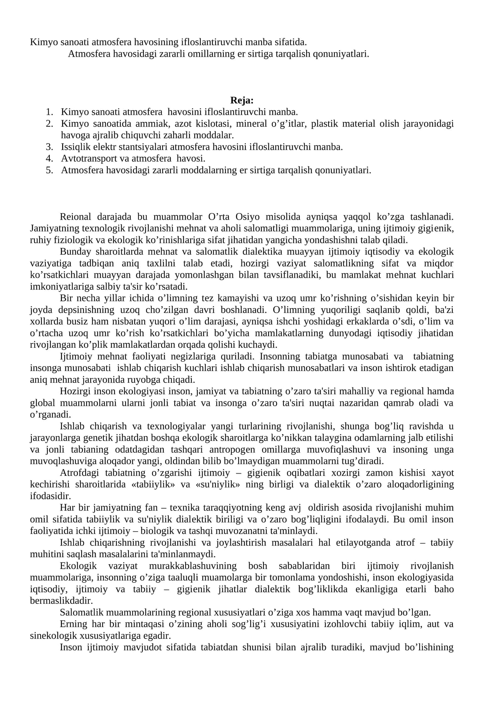 Kimyo sanoati atmosfera havosini ifloslantiruvchi manba sifatida 1