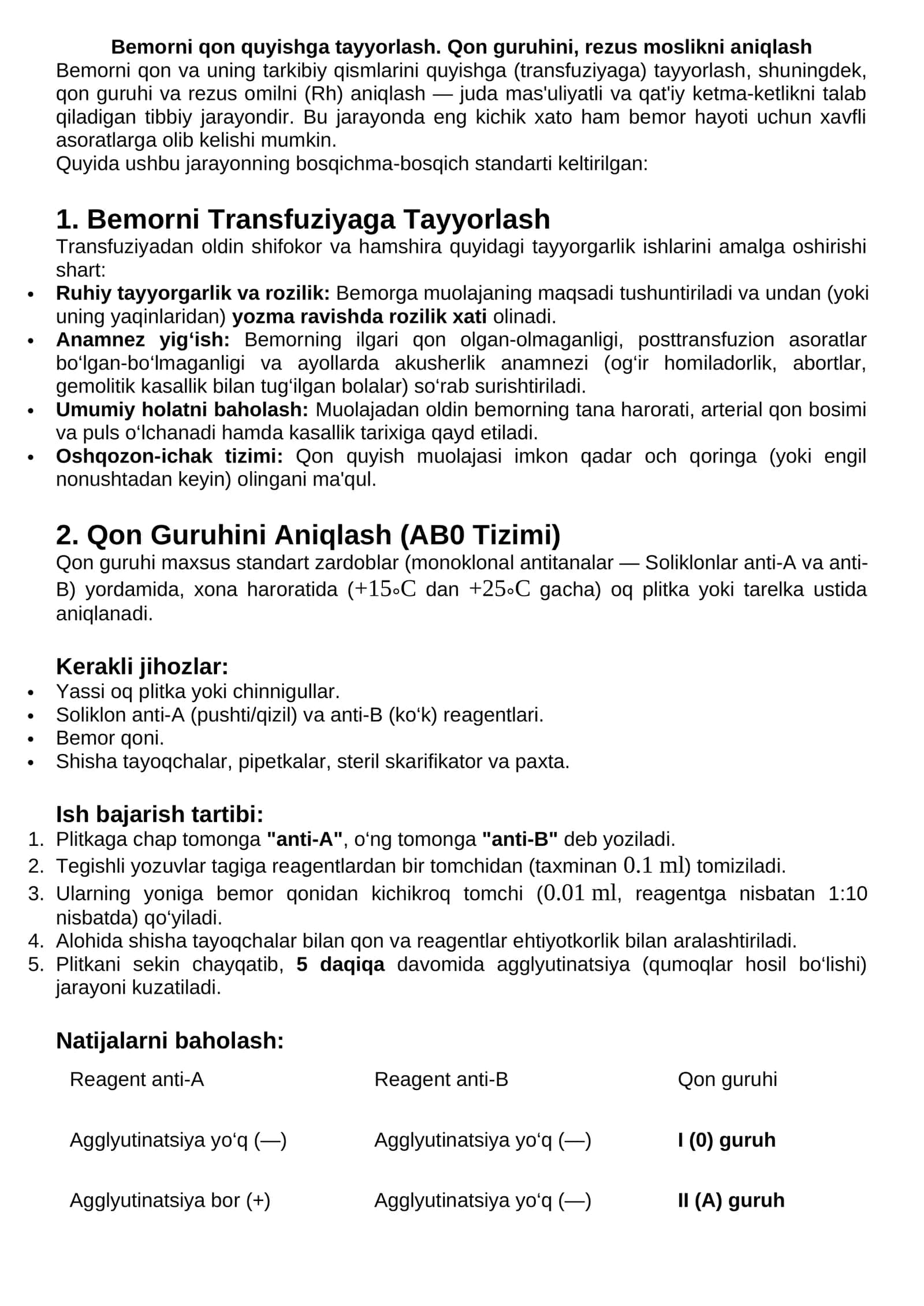 Bemorni qon quyishga tayyorlash. Qon guruhini, rezus moslikni aniqlash 1