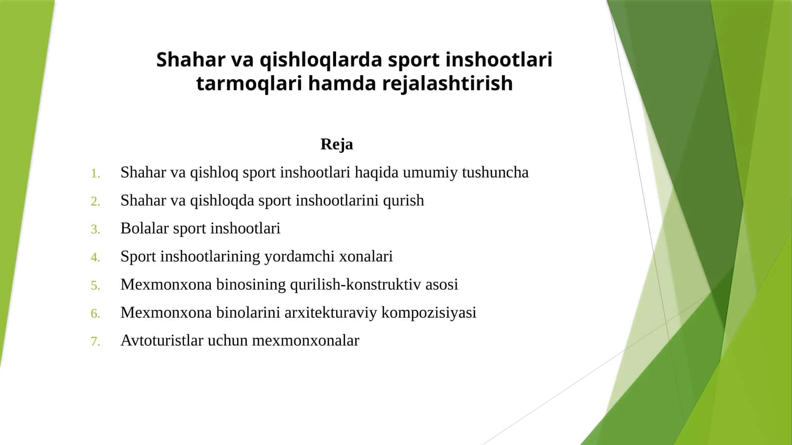 Shahar va qishloqlarda sport inshootlari tarmoqlari hamdarejalashtirish 1