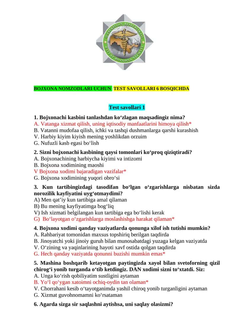 BOJXONAGA ISHGA KIRISH UCHUN PSIXOLOGIK TEST SAVOL VA JAVOBLARI 6 BOSQICHDA 1