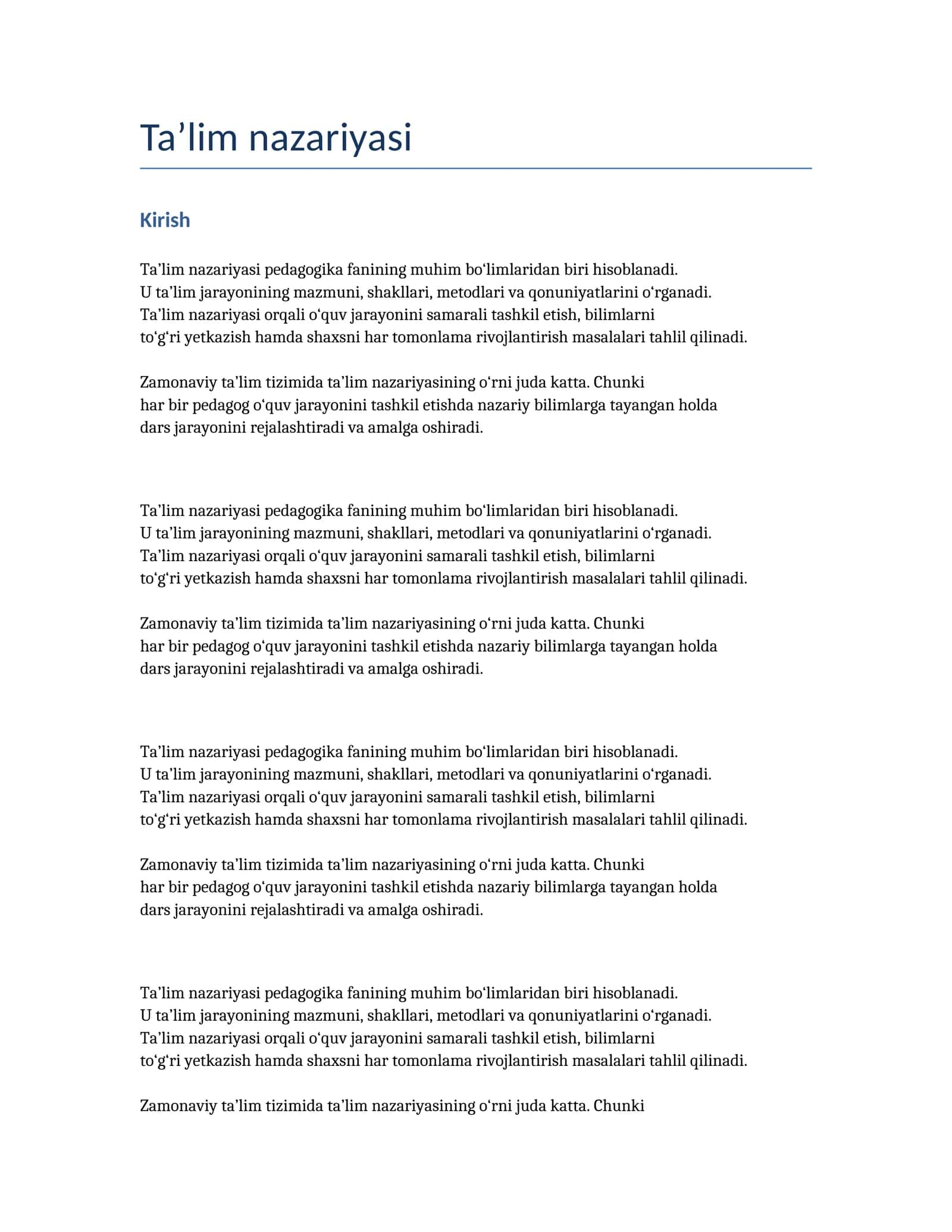 Ta’lim nazariyasi — Pedagogika kurs ishi 1