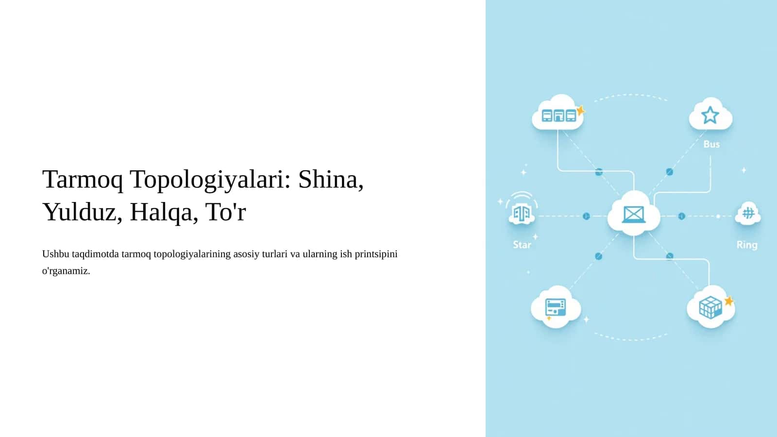 Tarmoq Topologiyalari Shina, Yulduz, Halqa, To'r 1
