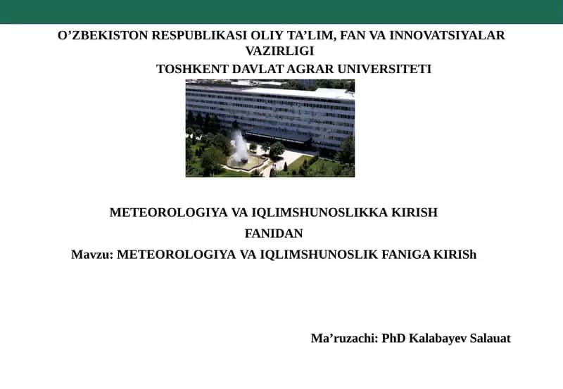 METEOROLOGIYA VA IQLIM SHUNOSLIK FANIGA KIRISH 1