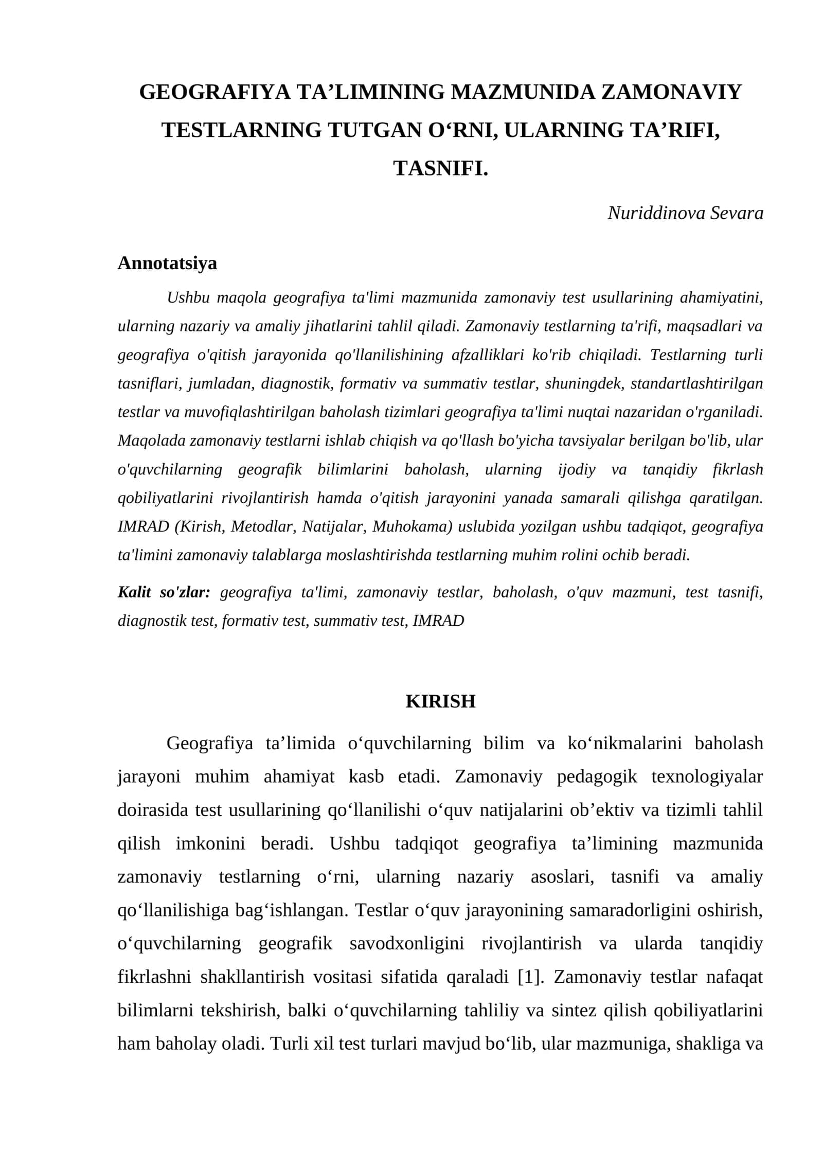 GEOGRAFIYA TA’LIMINING MAZMUNIDA ZAMONAVIY TESTLARNING TUTGAN O‘RNI, ULARNING TA’RIFI, TASNIFI 1
