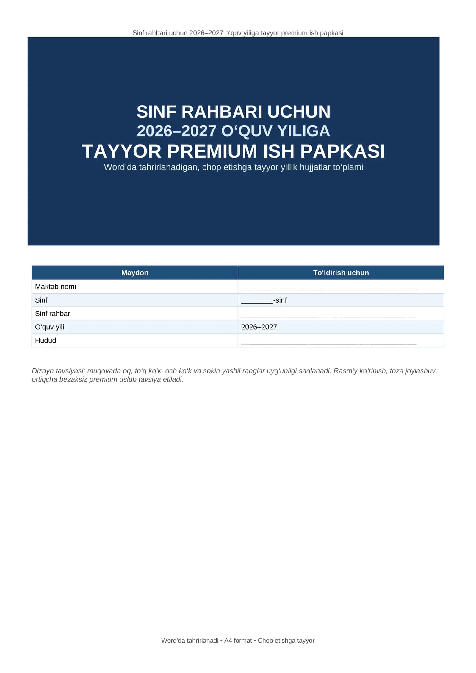 Sinf rahbari uchun 2026–2027 o‘quv yiliga tayyor premium ish papkasi 1