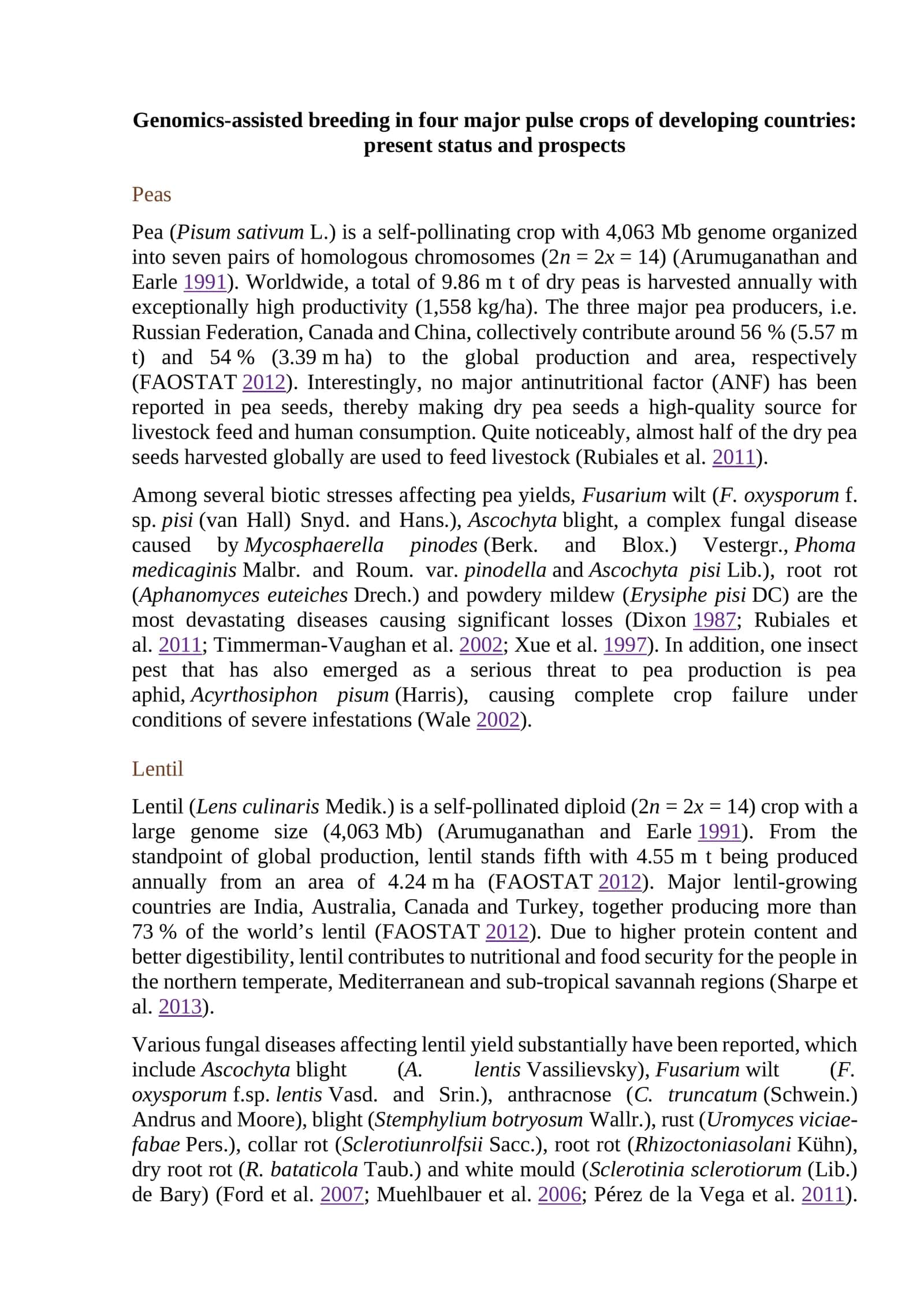 Genomics-assisted breeding in four major pulse crops of developing countries: present status and prospects 1