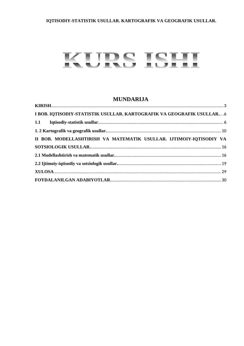 IQTISODIY-STATISTIK USULLAR. KARTOGRAFIK VA GEOGRAFIK USULLAR. 1