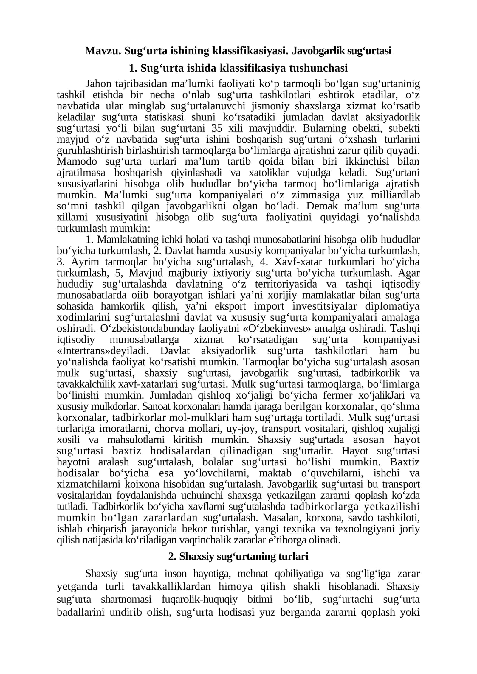 Sug‘urta ishining klassifikatsiyasi. Javobgarlik sug‘urtasi 1