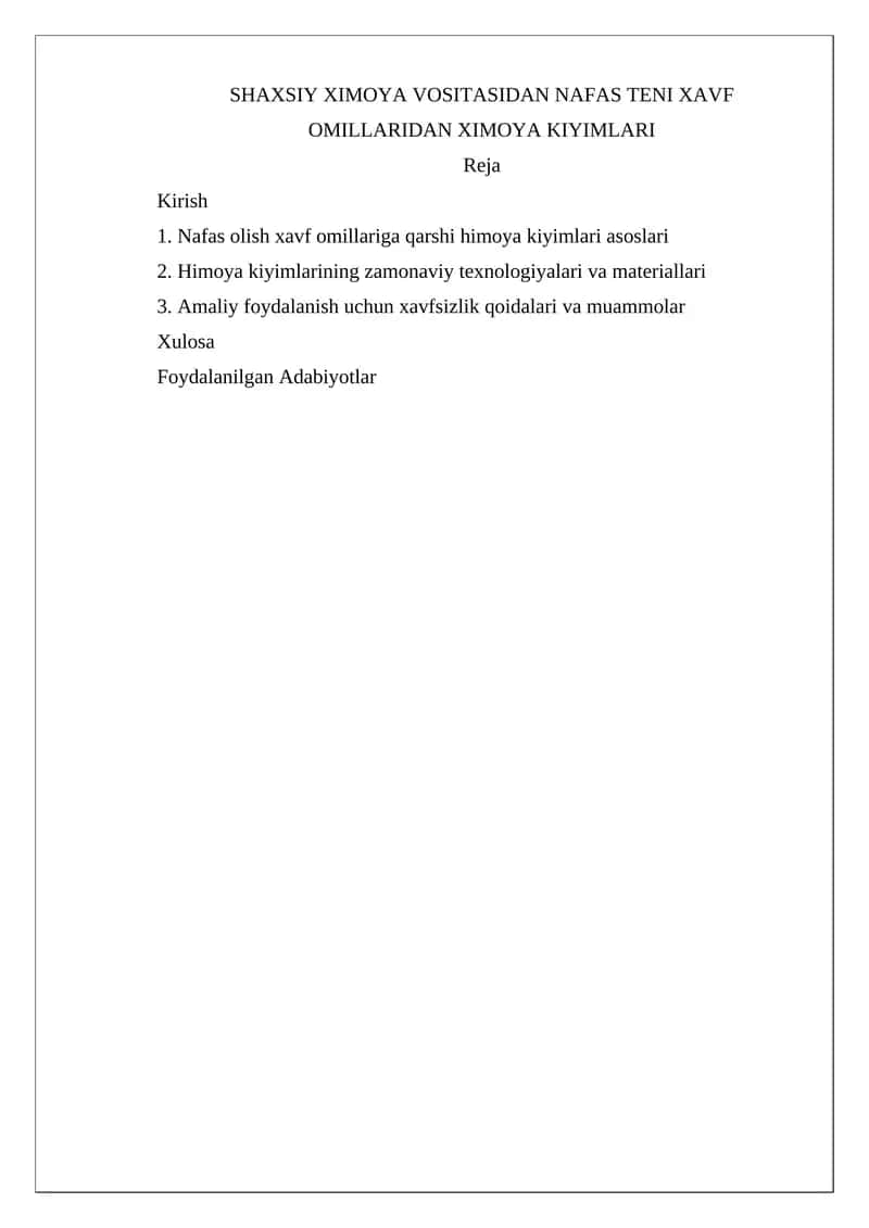 Nafas olish xavf omillariga qarshi himoya kiyimlari 1