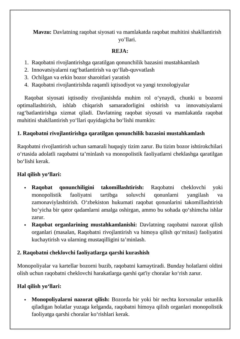 Raqobat siyosati va mamlakatda raqobat muhitini shakllantirish yo’llari 1
