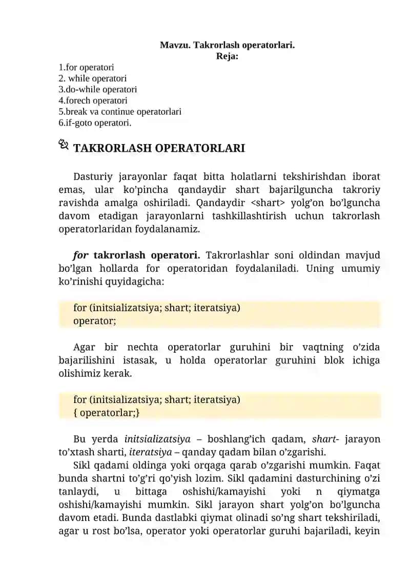 Takrorlash operatorlari