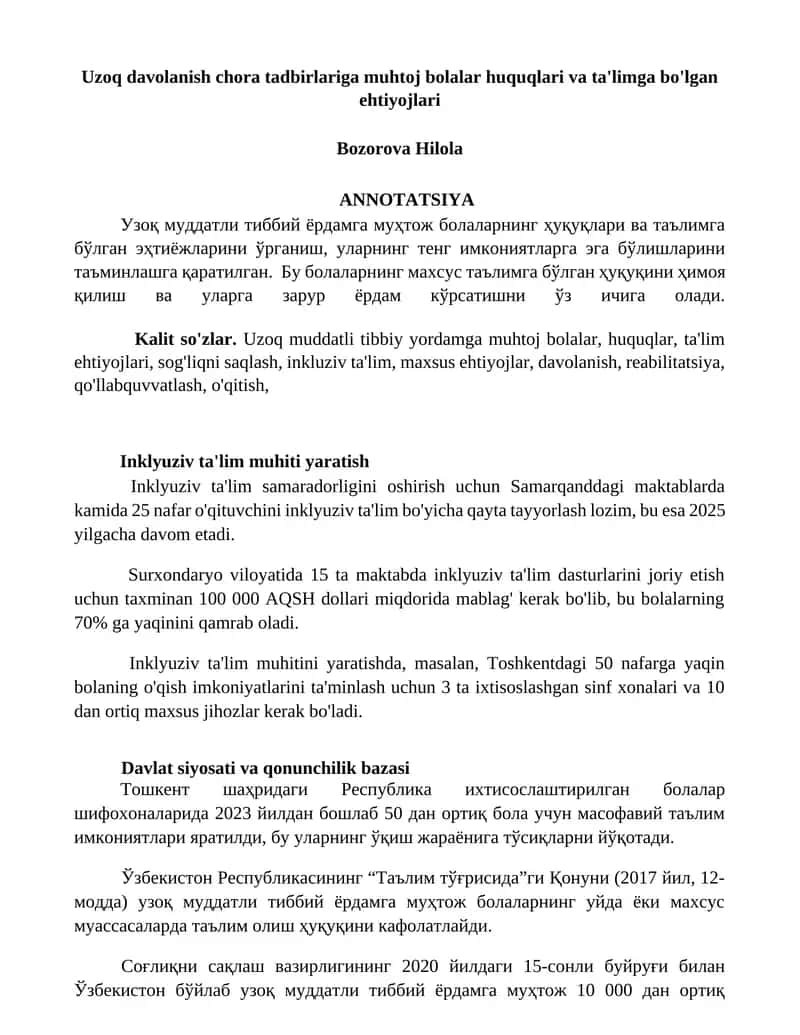 Uzoq davolanish chora tadbirlariga muhtoj bolalar huquqlari va ta'limga bo'lgan ehtiyojlari 1