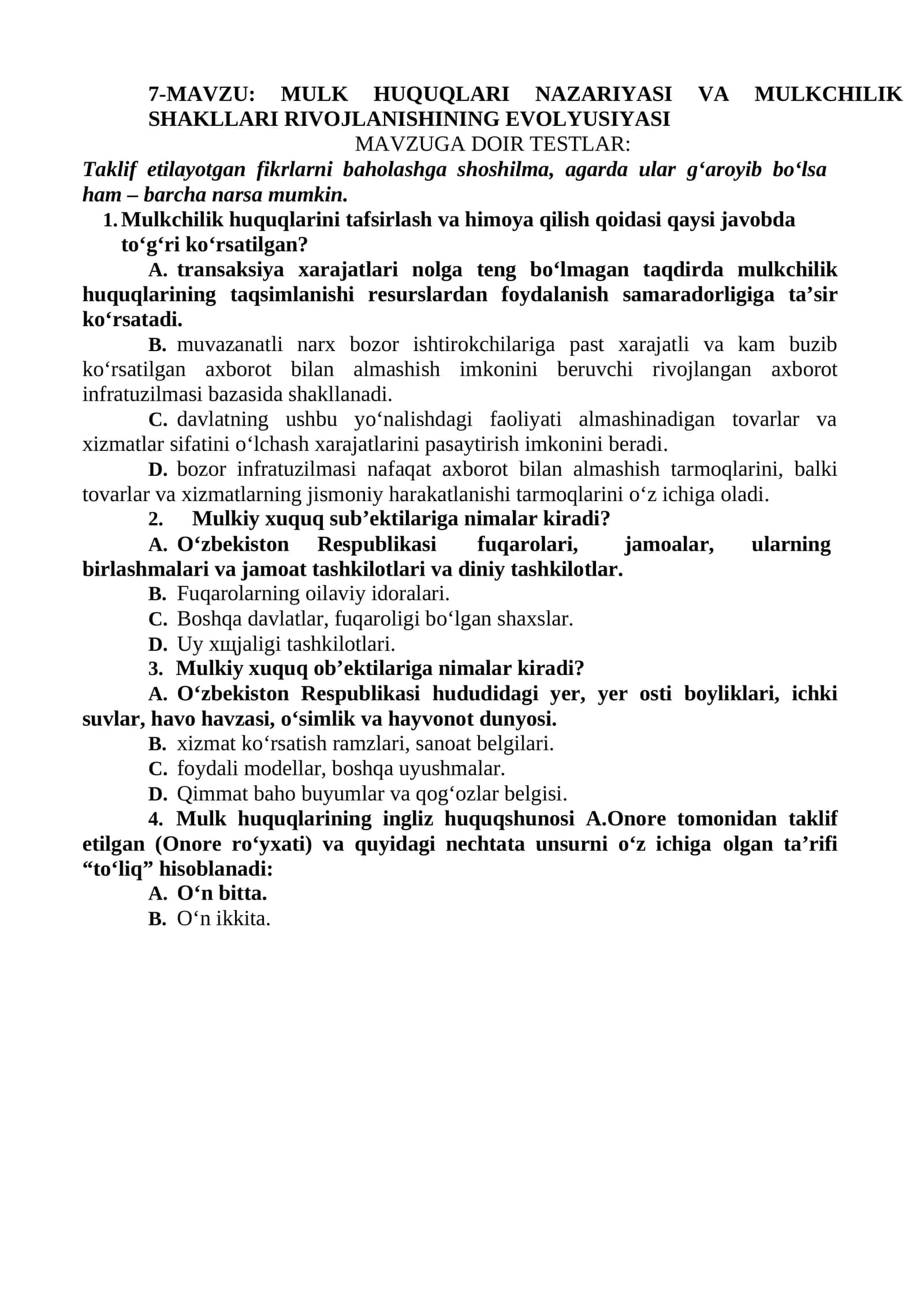 MULK HUQUQLARI NAZARIYASI VA MULKCHILIK SHAKLLARI RIVOJLANISHINING EVOLYUSIYASI 1
